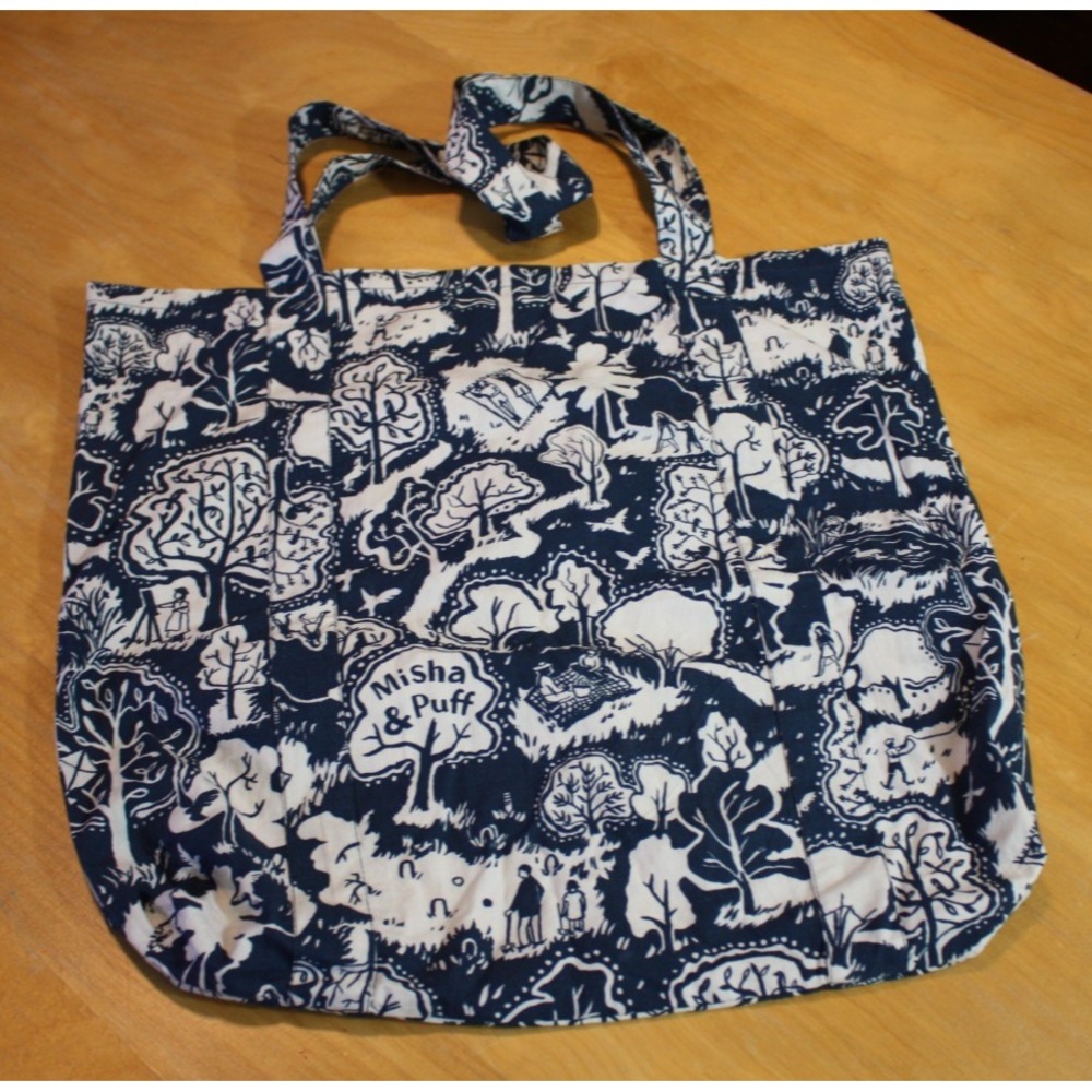 Misha & Puff Tote Bag Toile Nature Bird Picnic Blue White Lightweight Washable